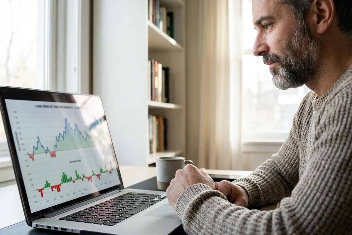 Bettor reviewing long-term performance charts showing variance over time