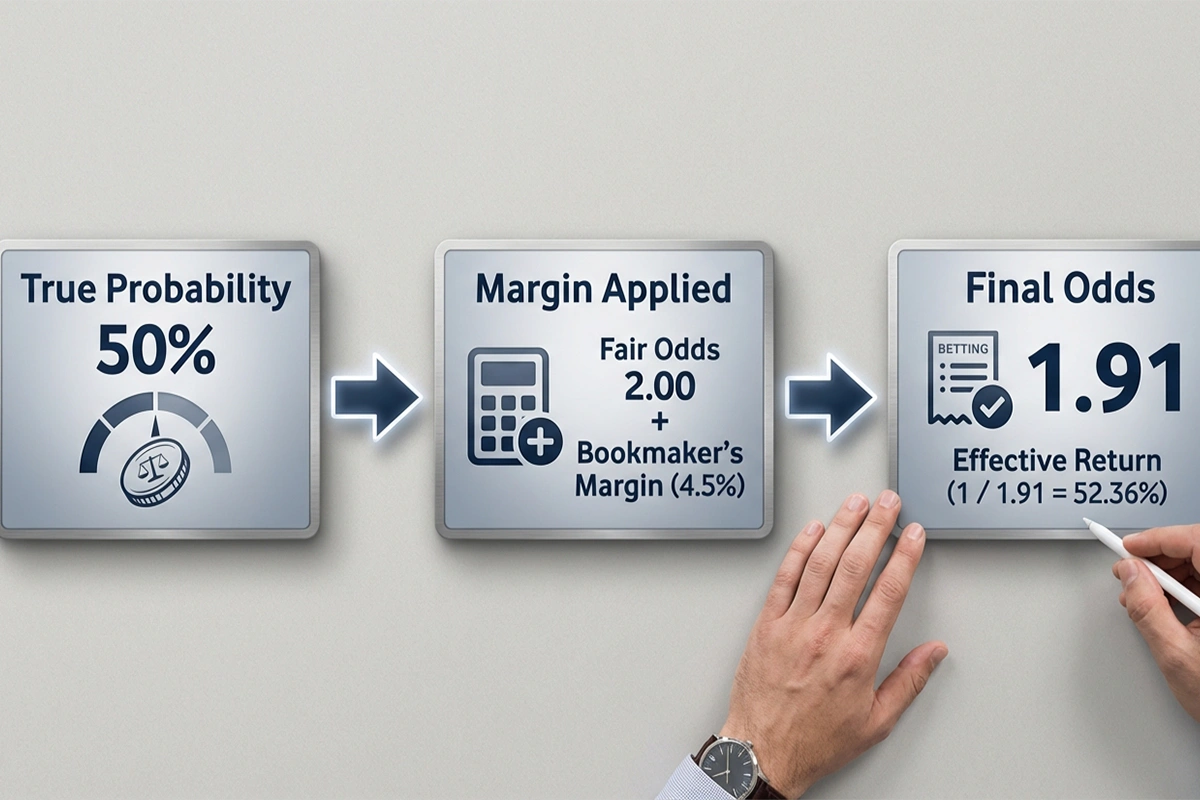 Diagram showing how bookmakers apply margin to true probability odds