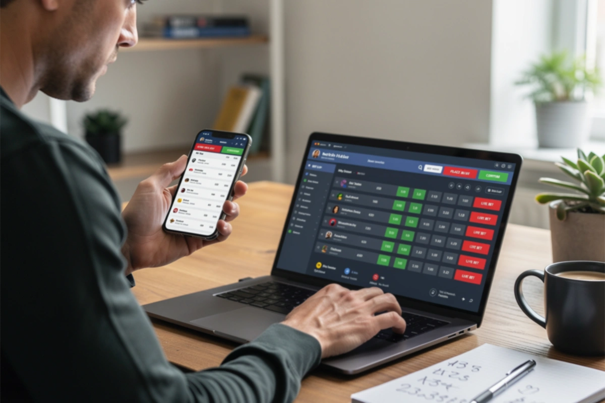 Person placing bets on two devices simultaneously to capture a middle