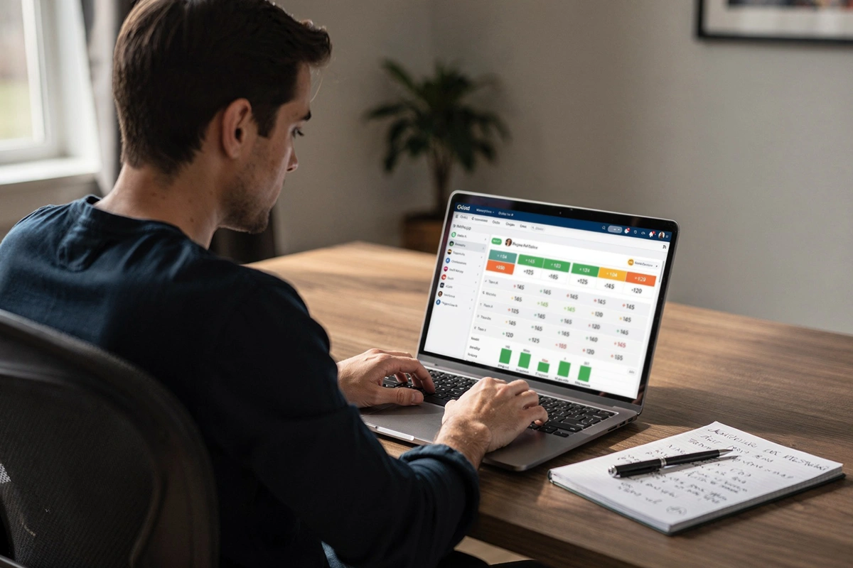 Bettor analyzing moneyline odds and statistics on laptop
