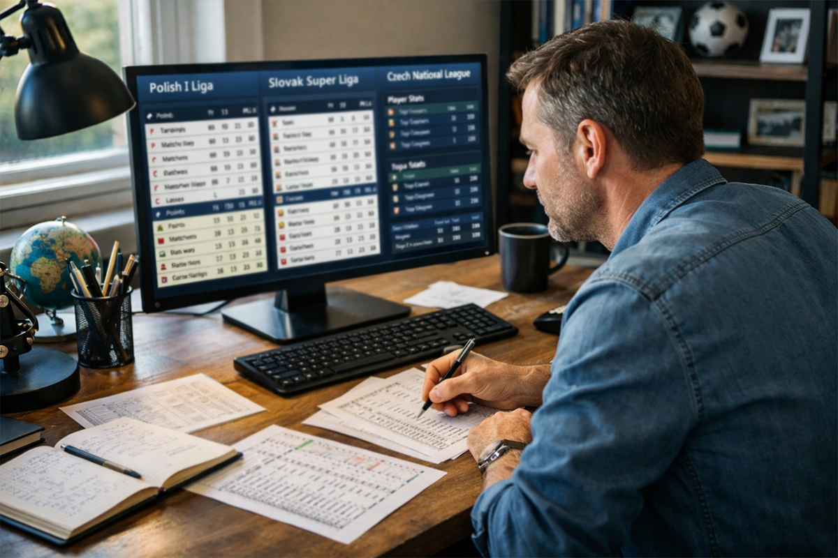 Sports analyst researching lesser-known leagues and markets on computer