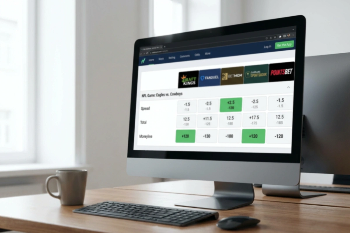 Computer screen showing odds comparison website with multiple sportsbook prices