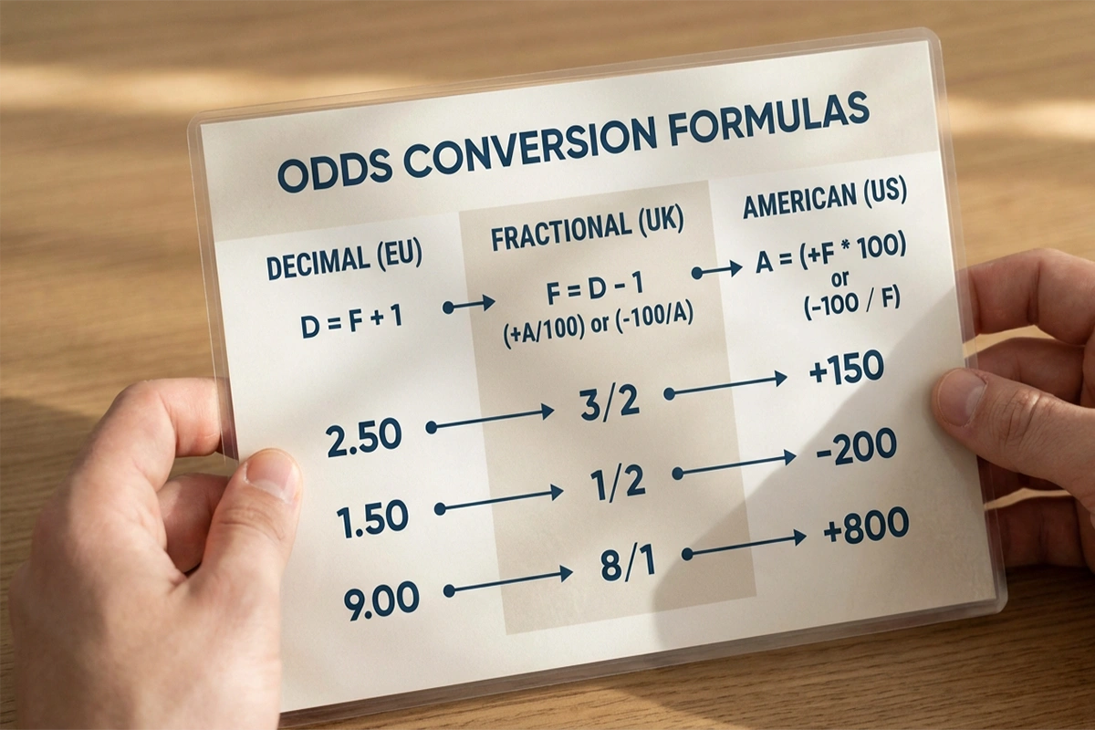 Reference chart showing odds conversion formulas between decimal, fractional and American formats