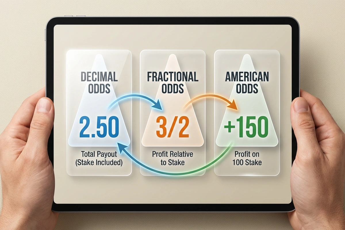 Comparison chart of decimal, fractional and American odds formats