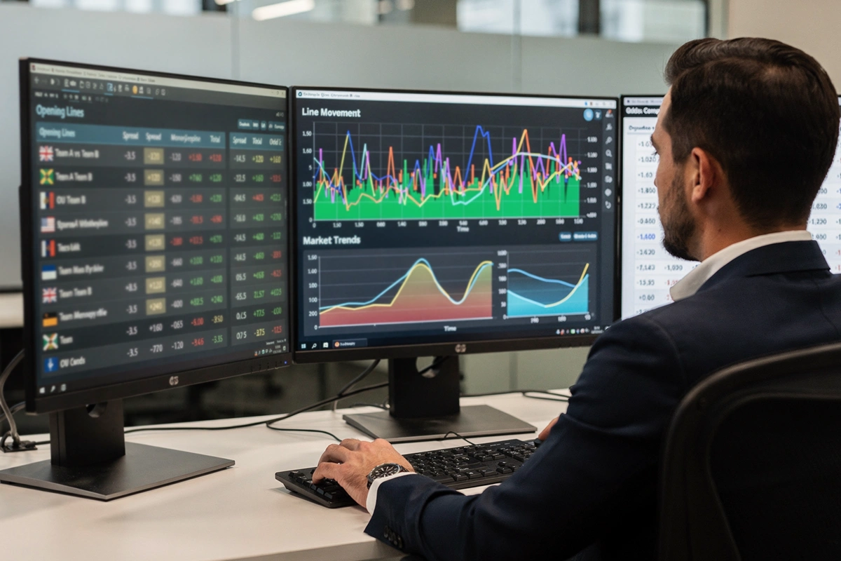 Analyst studying opening betting lines on multiple computer screens
