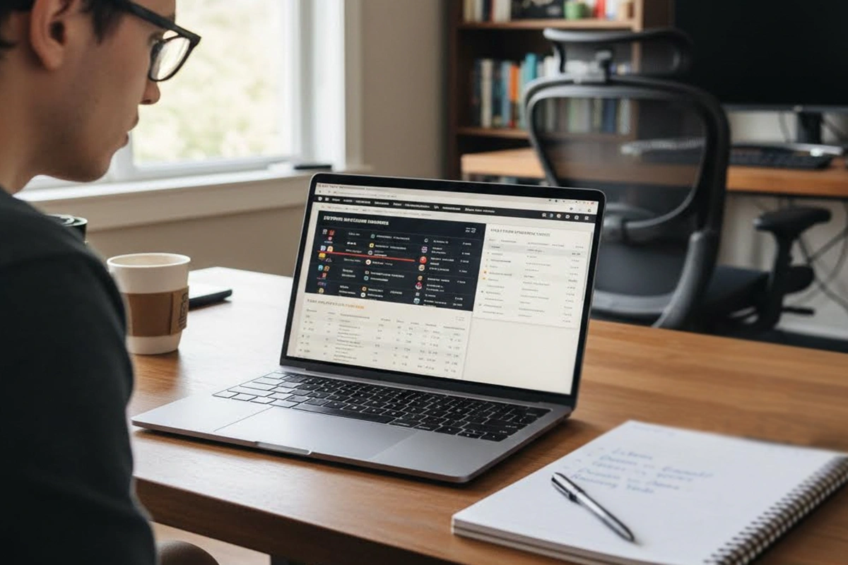Sports bettor researching player matchups and statistics on laptop