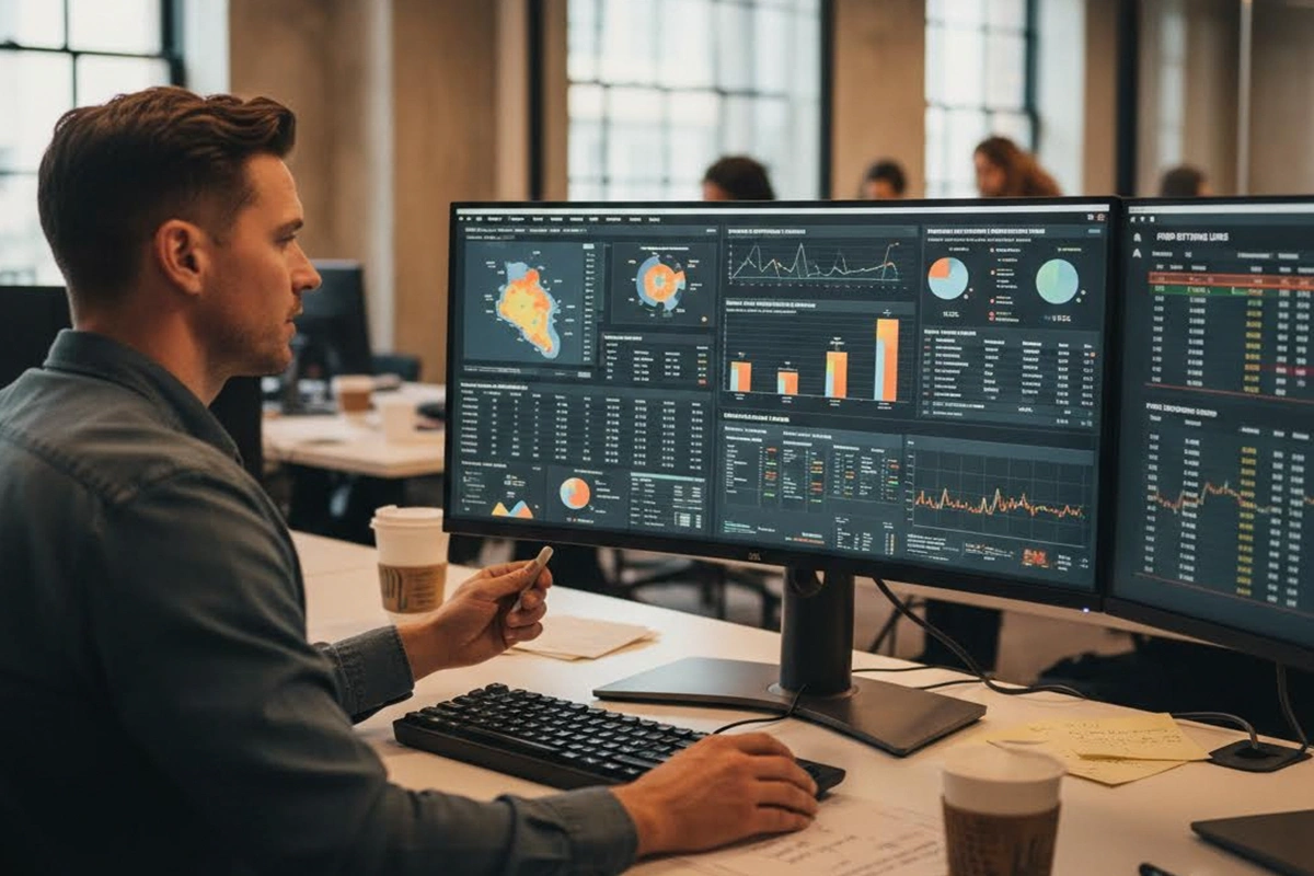 Analyst reviewing player statistics and prop betting lines on computer