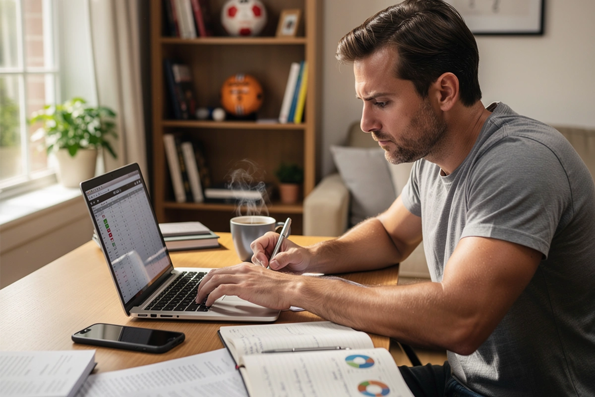 Focused bettor researching games with notebook and laptop showing analysis