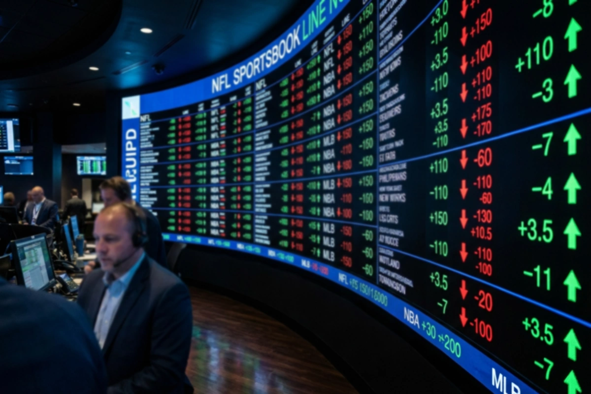 Sportsbook odds board showing line movements and betting action indicators