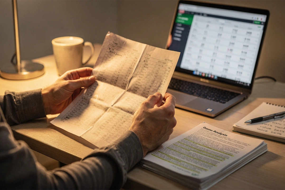 Sports bettor reviewing spread betting statistics and game analysis