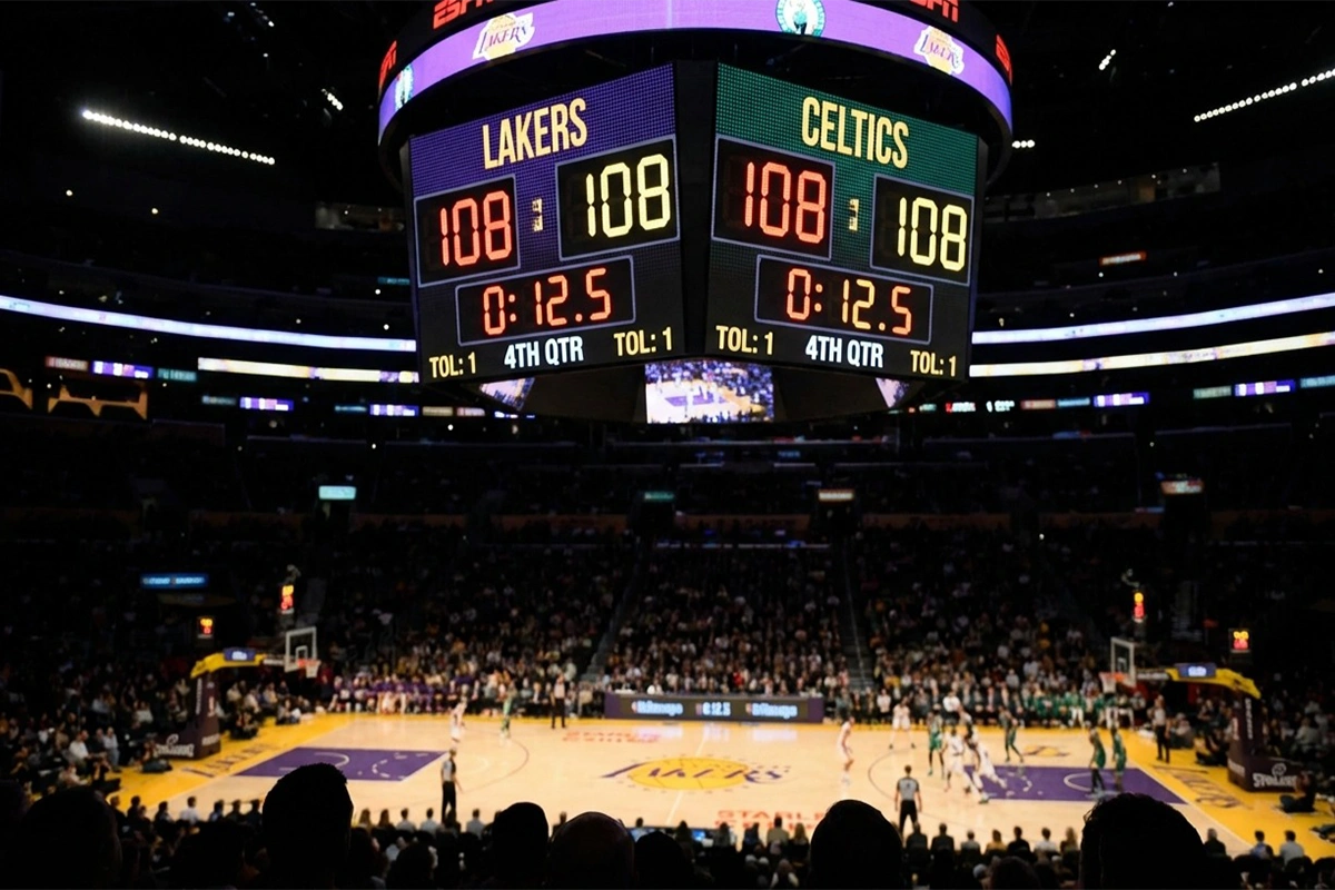 Basketball game scoreboard showing a close margin relevant to spread betting