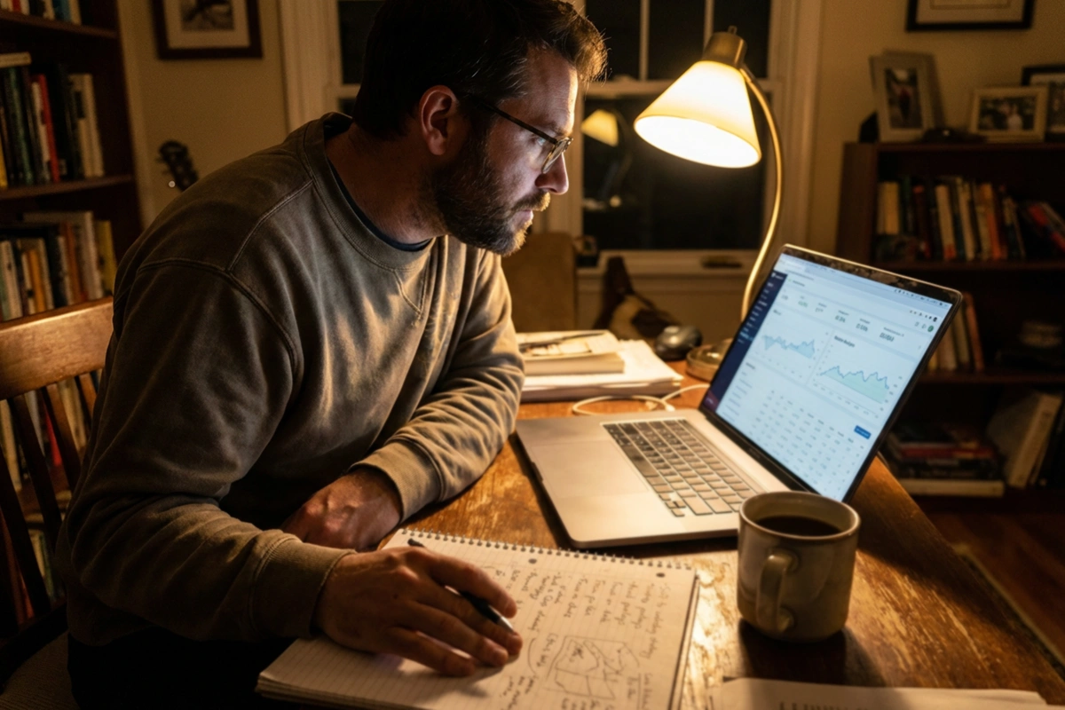 Bettor reviewing performance data and adjusting strategy based on results