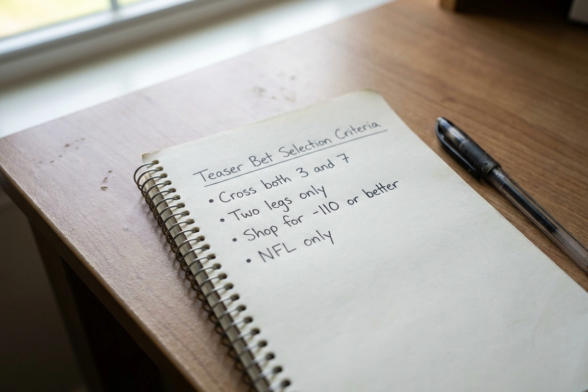 Checklist showing teaser bet selection criteria and key numbers to target