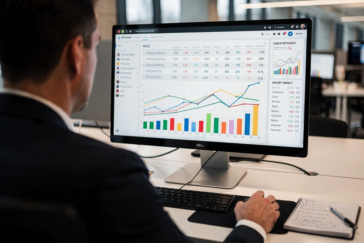 Sports analyst reviewing pace and efficiency statistics on computer screen