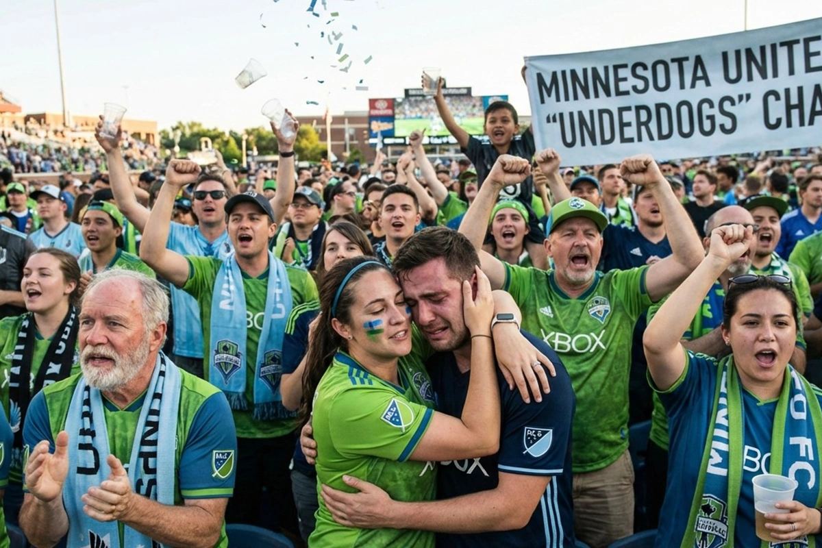 Sports fan celebrating an underdog victory at a stadium