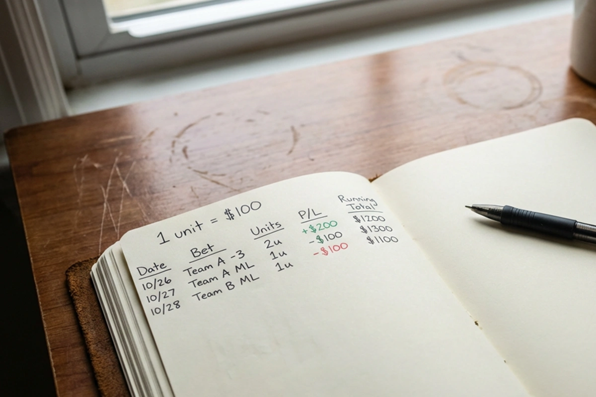 Notebook showing unit-based betting calculations and bankroll tracking