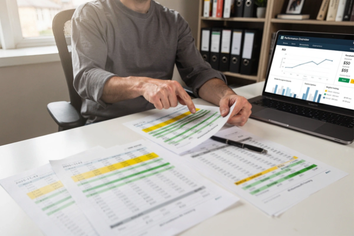 Bettor reviewing long-term betting records and performance data