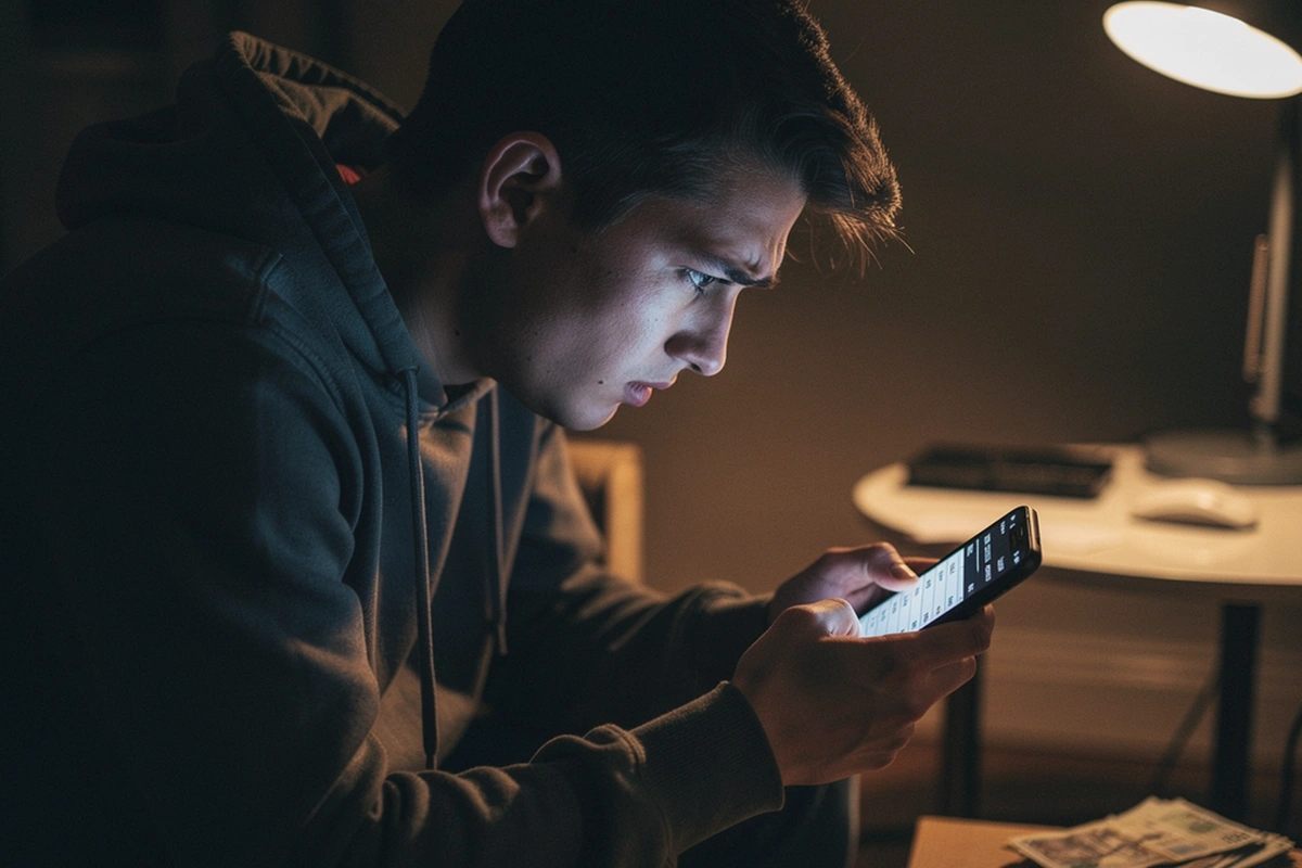 Person looking concerned while reviewing betting account on phone