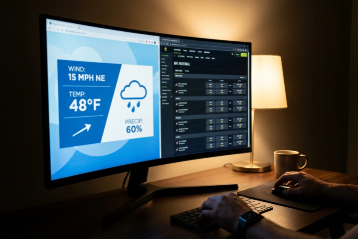 Weather forecast display next to sports betting interface on computer